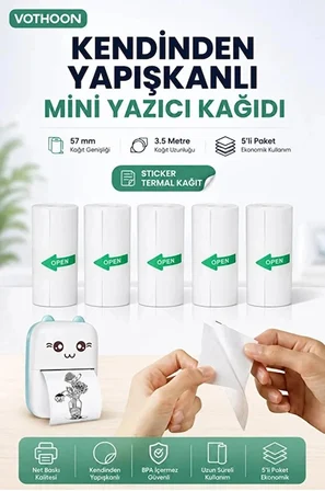 13’lü Mini Yazıcı Termal Rulo Seti Çocuk Kamera Baskı Kağıdı 5 Yapışkanlı 5 Düz Beyaz 3 Renkli