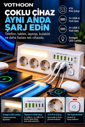 Çoklu Gece Lambalı Üçgen Priz Akım Korumalı 4'LÜ Priz 3XUSB 3XType-C Çıkışlı Grup Priz Beyaz