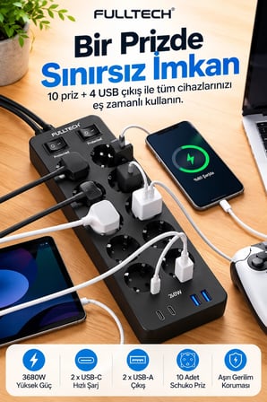 Akım Korumalı 10'lu Çoklu Priz 3680W 20W Hızlı Şarj 2 USB-C 2 USB-A 2 Metre Kablolu Ftr-30