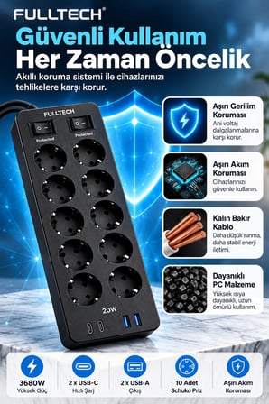 Akım Korumalı 10'lu Çoklu Priz 3680W 20W Hızlı Şarj 2 USB-C 2 USB-A 2 Metre Kablolu Ftr-30