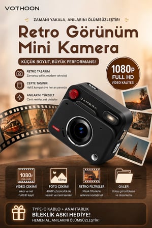 Nostaljik Tasarımı Retro Görünüm Kare Mini Foto Video Kamera 1080P Full HD 32GB Kart Hediyeli