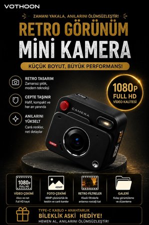 Nostaljik Tasarımı Retro Görünüm Kare Mini Foto Video Kamera 1080P Full HD 32GB Kart Hediyeli