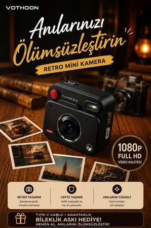 Nostaljik Tasarımı Retro Görünüm Kare Mini Foto Video Kamera 1080P Full HD 32GB Kart Hediyeli