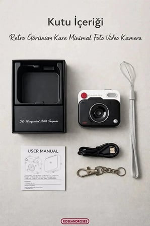 Nostaljik Tasarımı Retro Görünüm Kare Mini Foto Video Kamera 1080P Full HD 32GB Kart Hediyeli