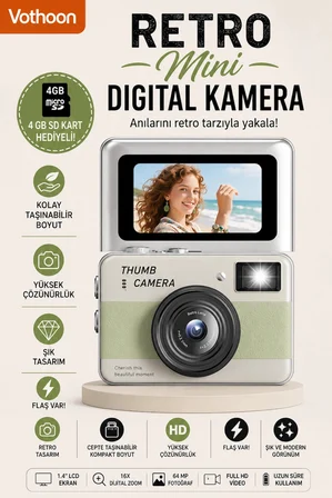 Retro Mini Dijital Kamera 1080P 1.47 İnç Flip Ekranlı Flaşlı Selfie Vlog Kamerası 4GB SD Hediyeli