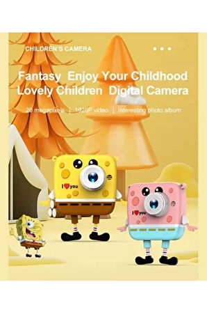 Sünger Bob Tasarımlı Yeni Nesil Çocuk Dijital Mini Fotoğraf Makinesi Çift Kamera 20 MP