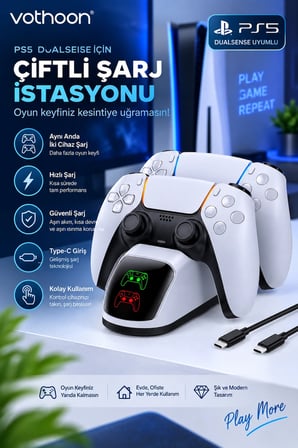 PS5 DualSense Uyumlu Çiftli Şarj İstasyonu Hızlı Şarj Standı LED Şarj Göstergeli