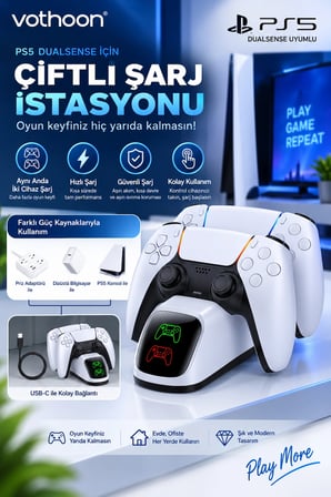 PS5 DualSense Uyumlu Çiftli Şarj İstasyonu Hızlı Şarj Standı LED Şarj Göstergeli