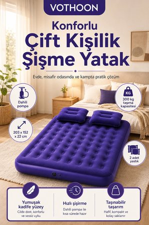 Vothoon Çift Kişilik Şişme Yatak Dahili Pompalı 203x152x22 cm 2 Yastıklı