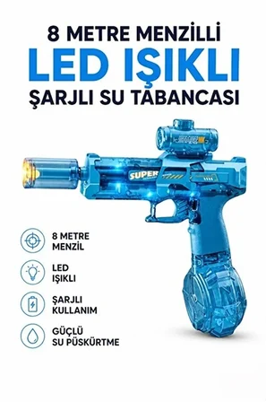 Sarjlı Otomatik Su Tabancası Led Işıklı Geniş Su Hazneli Gerçekçi Geri Tepme Efektli Uzak Menzilli