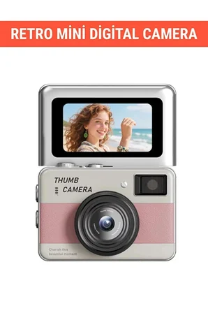 Retro Mini Dijital Kamera 1080P 1.47 İnç Flip Ekranlı Flaşlı Selfie Vlog Kamerası 4GB SD Hediyeli