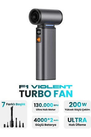 Violent Turbo Jet Fan Süpürge Özellikli 130000RPM Ultra Güçlü Motor Güçlü Vakum 4000MAH Bataryalı F1