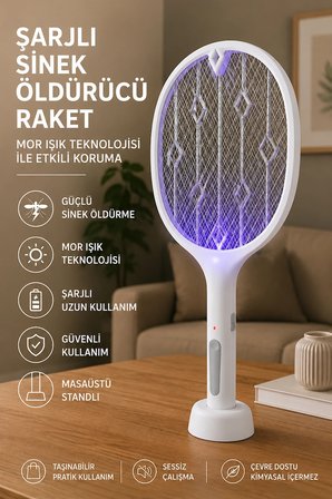 Şarjlı Sinek Öldürücü Sivrisinek Raketi Elektrikli Karasinek Haşere Kovucu Mor Işıklı Sineklik Aleti