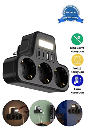 Akım Korumalı Priz 2 USB + 2 Type-C Girişli 2 Metre Kablosu Anahtarlı ve Duvara Monte Edilebilir