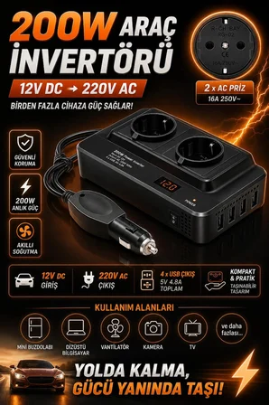 200W 12V DC - 220V AC Araç İçi İnvertör Priz USB Girişli Dijital Göstergeli