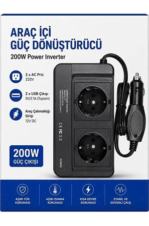 200W 12V DC - 220V AC Araç İçi İnvertör Priz USB Girişli Dijital Göstergeli