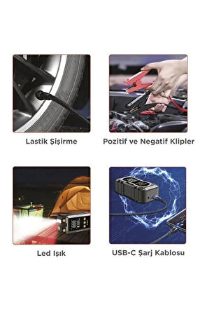 8000 Mah Taşnabilir Dijital Ekranlı Araç Akü Takviyeli,Powerbank,Işıklı Oto Hava Kompresörü