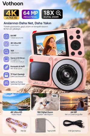 4K Dijital Fotoğraf Makinesi 18X Dijital Zoom 64 MP Ön ve Arka Ekranlı Kompakt Kamera