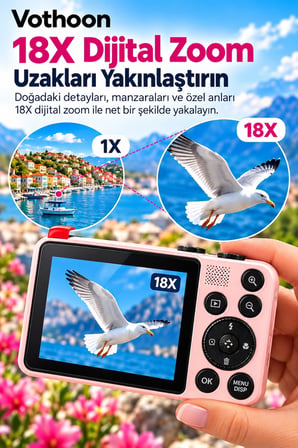 4K Dijital Fotoğraf Makinesi 18X Dijital Zoom 64 MP Ön ve Arka Ekranlı Kompakt Kamera