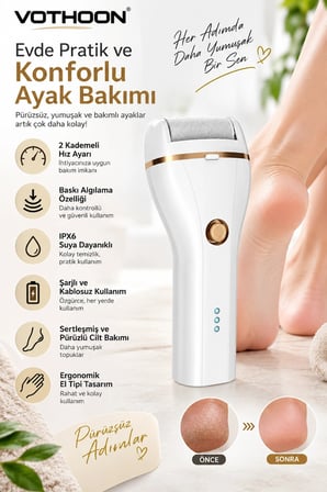 Şarjlı Ayak Törpüsü 2 Kademeli Hız IPX6 Suya Dayanıklı Baskı Algılamalı Topuk Nasır Temizleyici