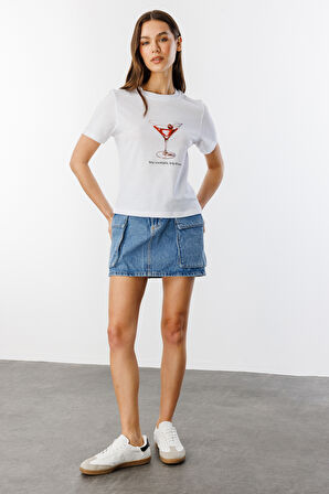 Kadın Cocktail Baskı Desenli Kısa Kollu Organik Pamuklu Bisiklet Yaka Crop T-shirt COCKTAIL-T-SHIRT