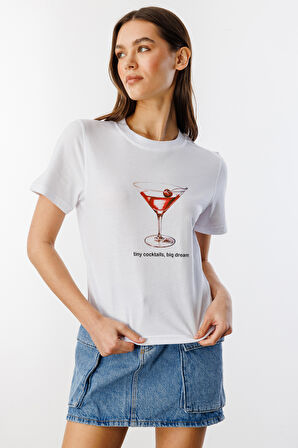 Kadın Cocktail Baskı Desenli Kısa Kollu Organik Pamuklu Bisiklet Yaka Crop T-shirt COCKTAIL-T-SHIRT