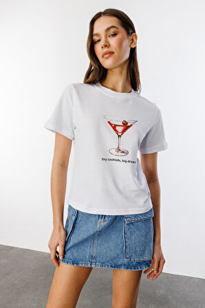 Kadın Cocktail Baskı Desenli Kısa Kollu Organik Pamuklu Bisiklet Yaka Crop T-shirt COCKTAIL-T-SHIRT