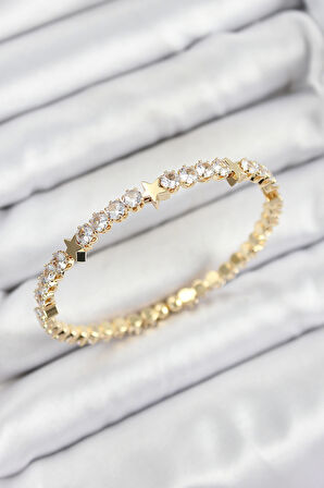 Pirinç Zirkon Taşlı Yıldız Model Gold Renk Yaylı Kadın Bileklik