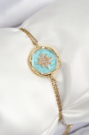 316L Çelik Zincir Turkuaz Mineli Sanatsal Portre Kuzey Yıldızı Model Gold Renk Kadın Bileklik