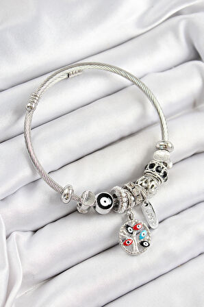 316L Çelik Siyah Nazarlı Zirkon Taşlı İnci Detaylı Hayat Ağacı Model Gümüş Renk Charm Bileklik