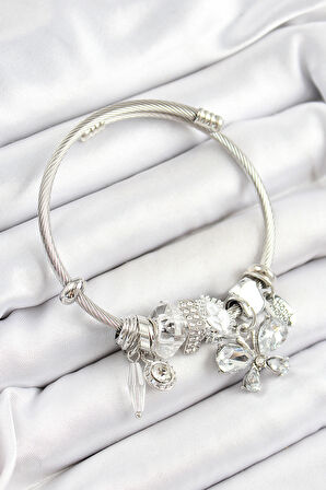 316L Çelik Beyaz Zirkon Taşlı Kelebek Model Gümüş Renk Charm Bileklik