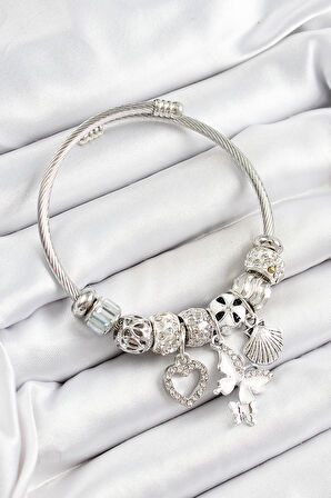 316L Çelik Beyaz Zirkon Taşlı Kalp Kelebek Ve İstiridye Model Gümüş Renk Charm Bileklik