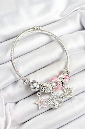 316L Çelik Pembe Zirkon Taşlı Yıldız Göz Ve Yonca Model Gümüş Renk Charm Bileklik