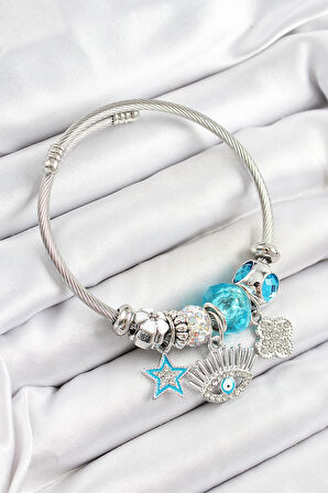 316L Çelik Mavi Zirkon Taşlı Yıldız Göz Ve Yonca Model Gümüş Renk Charm Bileklik