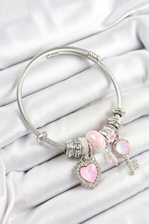 316L Çelik Pembe Zirkon Taşlı Yıldız Anahtar Ve Kalp Model Gümüş Renk Charm Bileklik