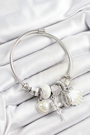 316L Çelik Beyaz Zirkon Taşlı Yıldız Melek İstiridye Ve Kalp Model Gümüş Renk Charm Bileklik