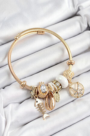 316L Çelik Beyaz Zirkon Taşlı Balık Deniz Kabuğu Ve Deniz Yıldızı Model Gold Renk Charm Bileklik