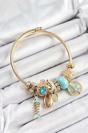 316L Çelik Mavi Zirkon Taşlı Balık Deniz Kabuğu Ve Deniz Yıldızı Model Gold Renk Charm Bileklik