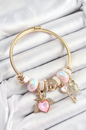 316L Çelik Pembe Zirkon Taşlı Kilit Anahtar Ve Kalp Model Gold Renk Charm BileklikCharm Bileklik