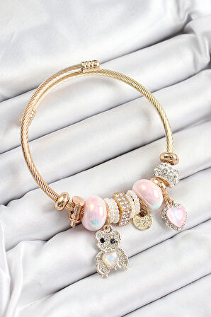 316L Çelik Pembe Zirkon Taşlı Ayıcık Ve Kalp Model Gold Renk Charm Bileklik