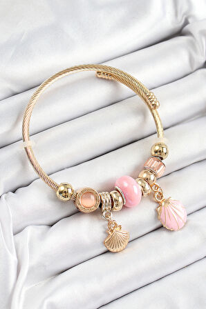 316L Çelik Pembe İstiridye Model Gold Renk Charm Bileklik
