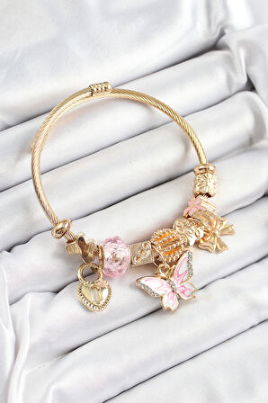316L Çelik Pembe Zirkon Taşlı Kelebek Fiyonk Ve Kilit Model Gold Renk Charm Bileklik