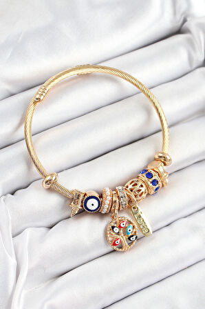 316L Çelik Lacivert Nazarlı Zirkon Taşlı İnci Detaylı Hayat Ağacı Model Gold Renk Charm Bileklik