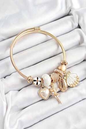 316L Çelik Beyaz Zirkon Taşlı Yıldız Melek İstiridye Ve Kalp Model Gold Renk Charm Bileklik