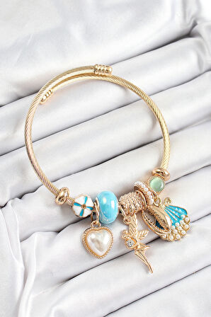 316L Çelik Mavi Zirkon Taşlı Yıldız Melek İstiridye Ve Kalp Model Gold Renk Charm Bileklik