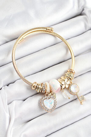 316L Çelik Beyaz Zirkon Taşlı Anahtar Ve Kalp Model Gold Renk Charm Bileklik