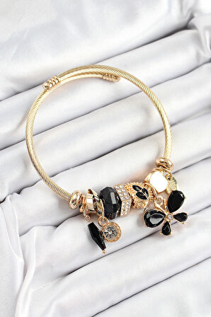 316L Çelik Siyah Zirkon Taşlı Kelebek Model Gold Renk Charm Bileklik