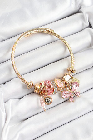 316L Çelik Pembe Zirkon Taşlı Kelebek Model Gold Renk Charm Bileklik