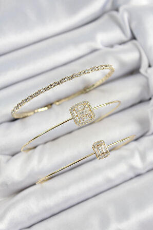 Pirinç Zirkon Taşlı Baget Model Gold Renk Vip 3'lü Kadın Bileklik