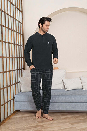 Erkek 3 Düğme Ekose Göğüs Cepli Kışlık Pamuklu Selanik Kumaş Uzun Manşetli Kol Cepli Pijama Takımı 